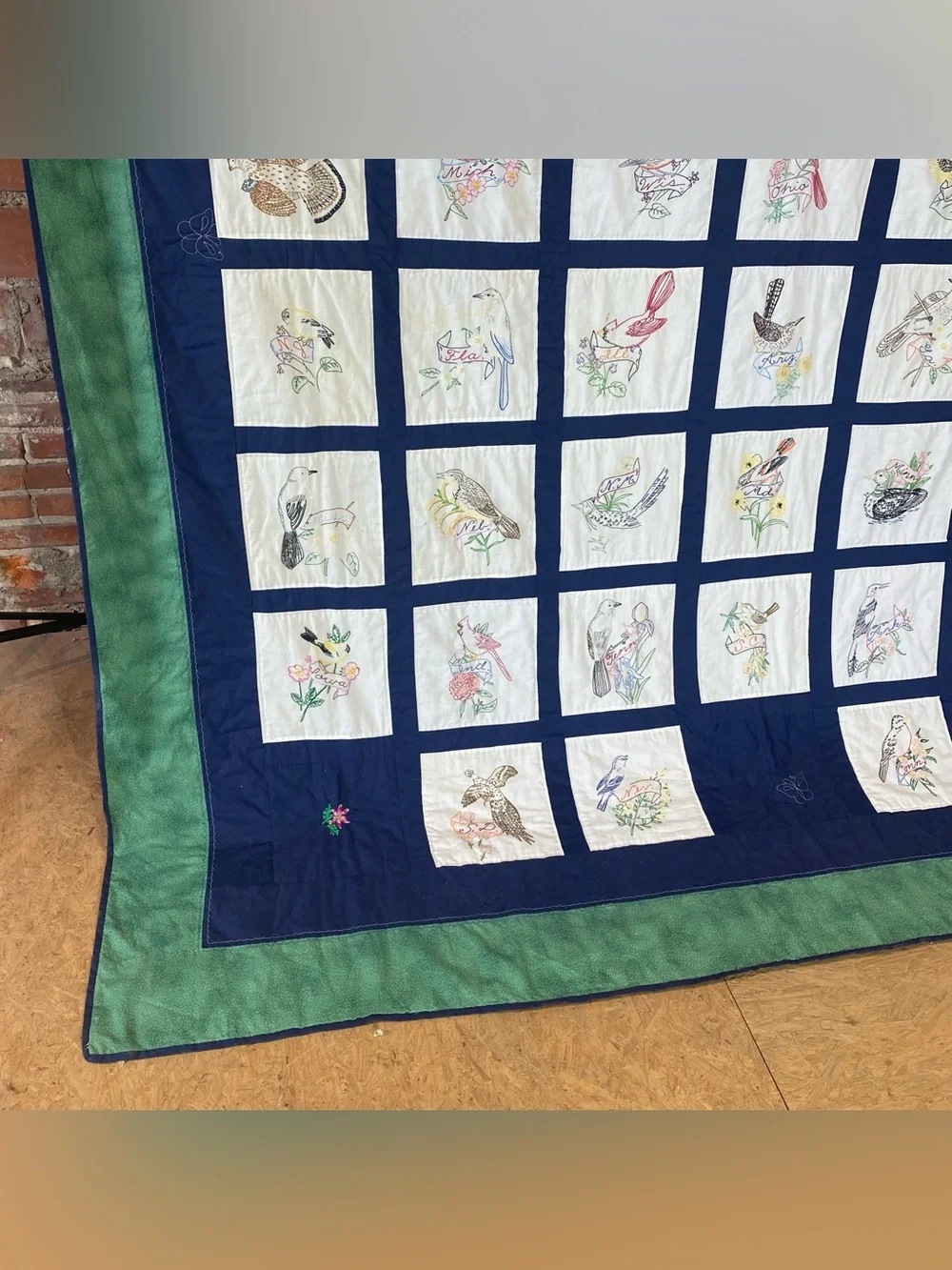 Vintage Embroidered State Bird Blocks Quilt 50 States 96” X 109”